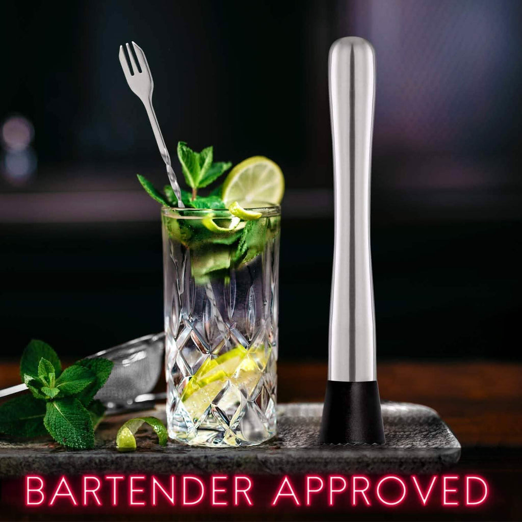 2-Piece Set:  Steel Cocktail Muddler and Mixing Spoon Home Bar Tool Set