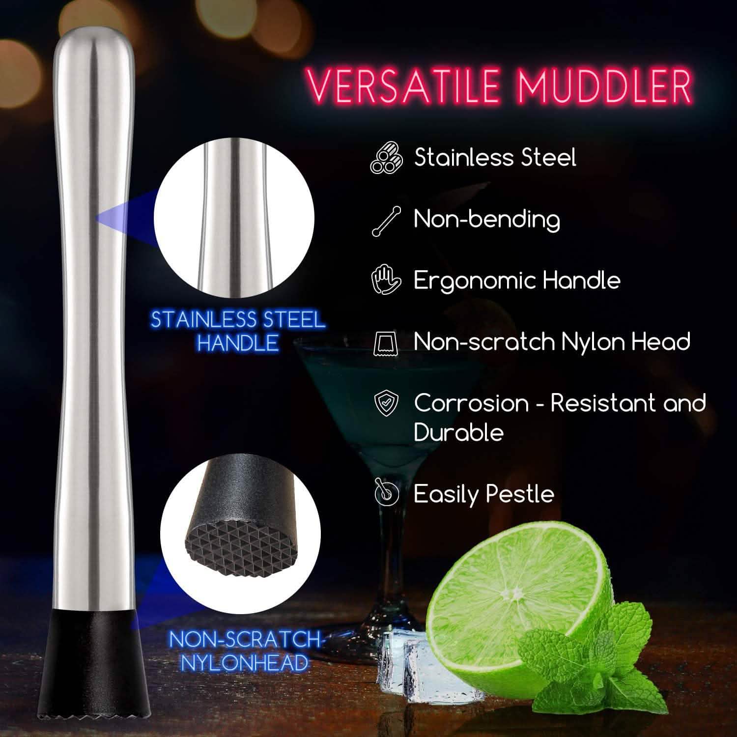 2-Piece Set:  Steel Cocktail Muddler and Mixing Spoon Home Bar Tool Set