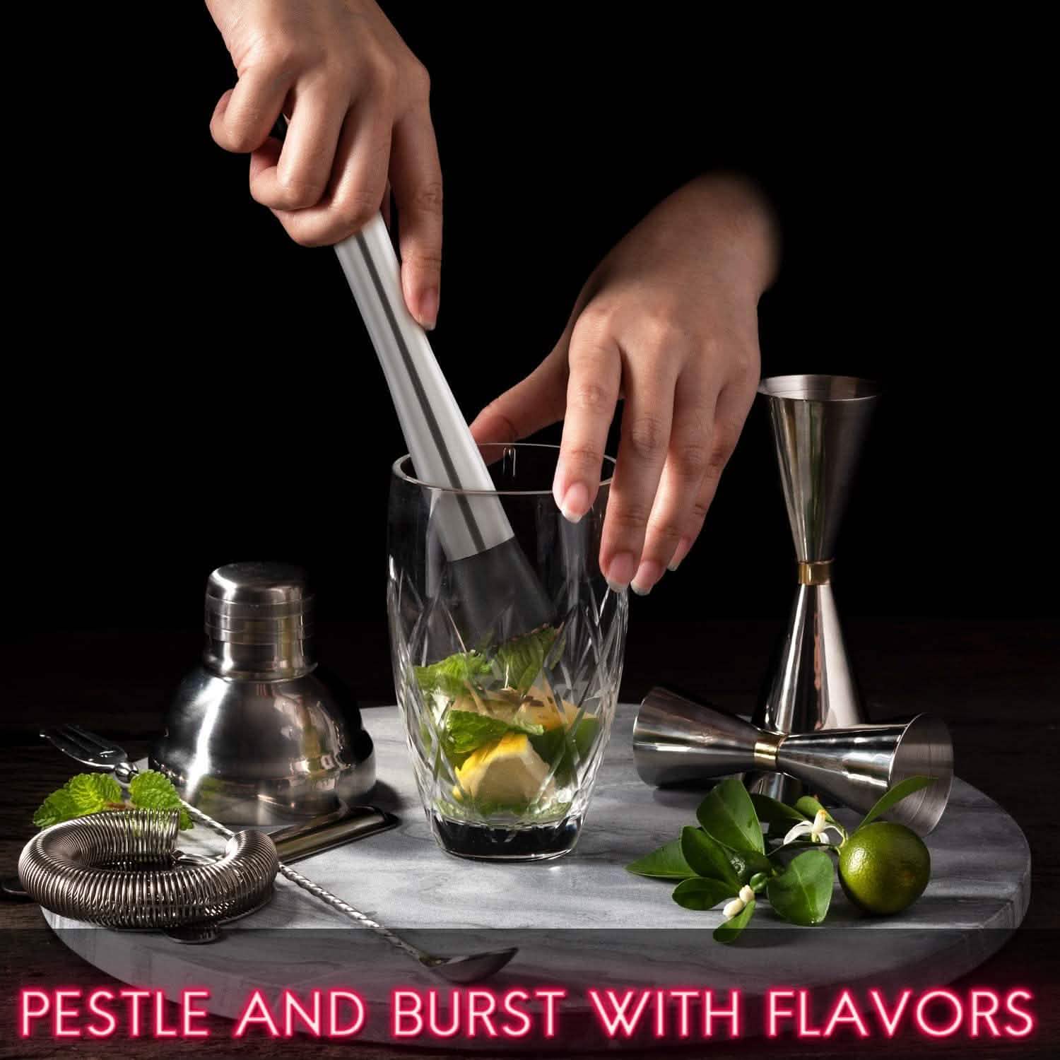 2-Piece Set:  Steel Cocktail Muddler and Mixing Spoon Home Bar Tool Set