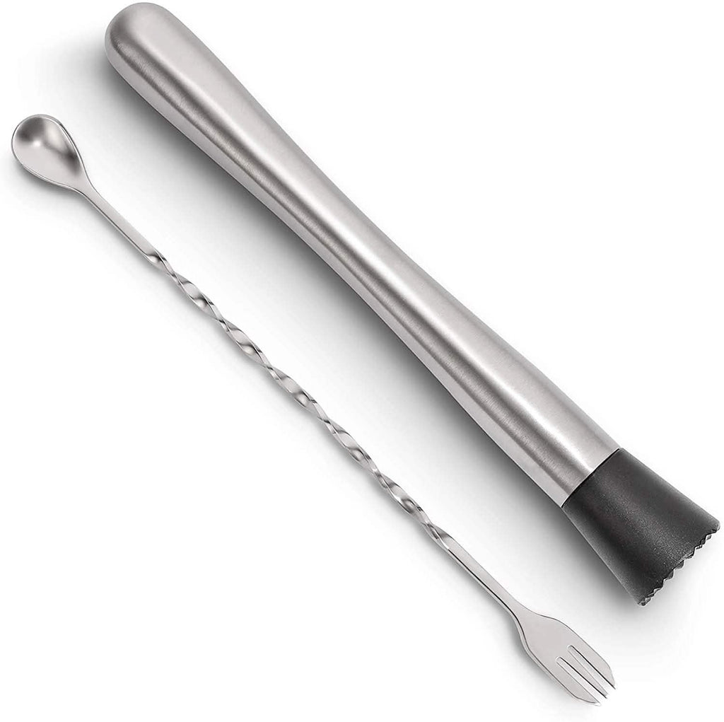 2-Piece Set:  Steel Cocktail Muddler and Mixing Spoon Home Bar Tool Set