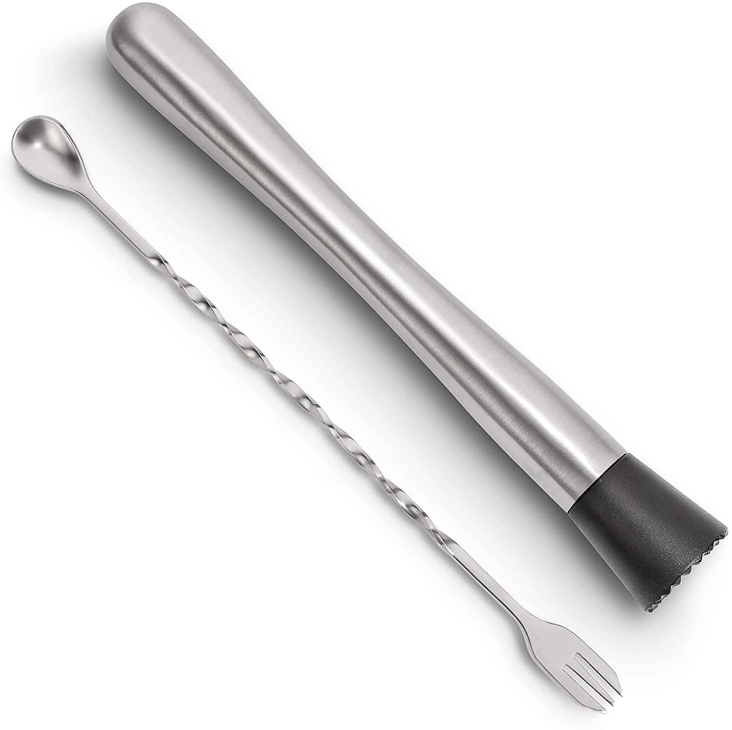 2-Piece Set:  Steel Cocktail Muddler and Mixing Spoon Home Bar Tool Set
