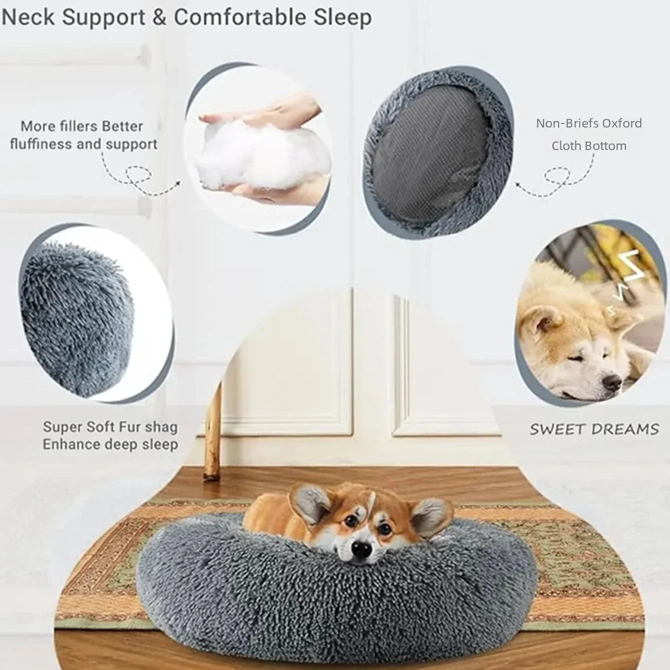 Round Plush Pet Bed — Super Soft Dog & Cat Bed, 6 Sizes (40-90cm)